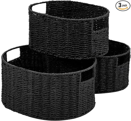 Wicker Basket, Set of 3 Round Storage Baskets for Organizing, Woven Paper Rope Wicker Storage Basket with Handles, Black Cube Storage Organizer Bins Baskets for Shelves & Decor, Black by Vagusicc