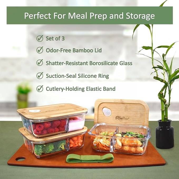 Glass Bento Box Containers with Bamboo Lids, 3 Compartment Glass Meal Prep Containers (3 Pack) - 100% Plastic Free, Eco-Friendly Lunch Container Set, Bamboo Lid Bento Boxes for Adults - Image 3