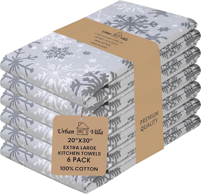 Urban Villa Kitchen Towels Cotton Dish Towels 20”x30” (Set of 6) Grey Snow by CottonTrends