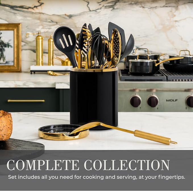Styled Settings Black and Gold Cooking Utensils Set, 13-Piece | Kitchen Set with Black Ceramic Utensil Holder and Stackable Gold Spoon Rest - Luxury Kitchen Accessories for Stylish Cooking - Image 3
