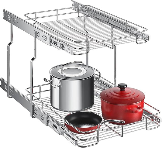 Delamu Pull Out Cabinet Organizer 2-Tier 14" W x 21" D Heavy Duty Chrome-Plated Slide Out Drawers, Kitchen Drawer Organizer Pull Out Shelves for Pots & Pans, Home Pantry Cans & Spices, Silver by DELAMU