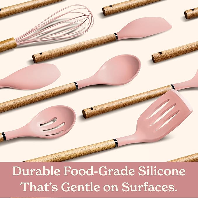 Country Kitchen Non Stick Silicone Utensil Set with Rounded Wood Handles for Cooking and Baking, 8 Piece Set, Pink - Image 4