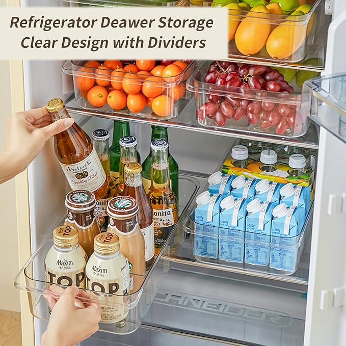 Roll-Out Refrigerator Organizers and Storage, 3 Pack Drawer Fridge Bins | Rolling Fridge Caddy, Silicone Wheels, Adjustable Dividers, Plastic Refrigerator Tray, for Fridge, Pantry, Bathroom & Kitchen - Image 4