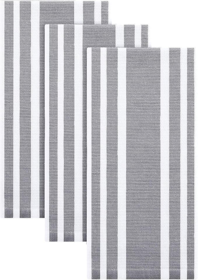 Homaxy Premium Cotton Stripe Kitchen Towels 3 Pack, 18"x 28", Grey | Large 380 GSM Kitchen Hand Towels, Soft Terry Dish Towels, Highly Absorbent Tea Towel Set with Hanging Loop by Homaxy