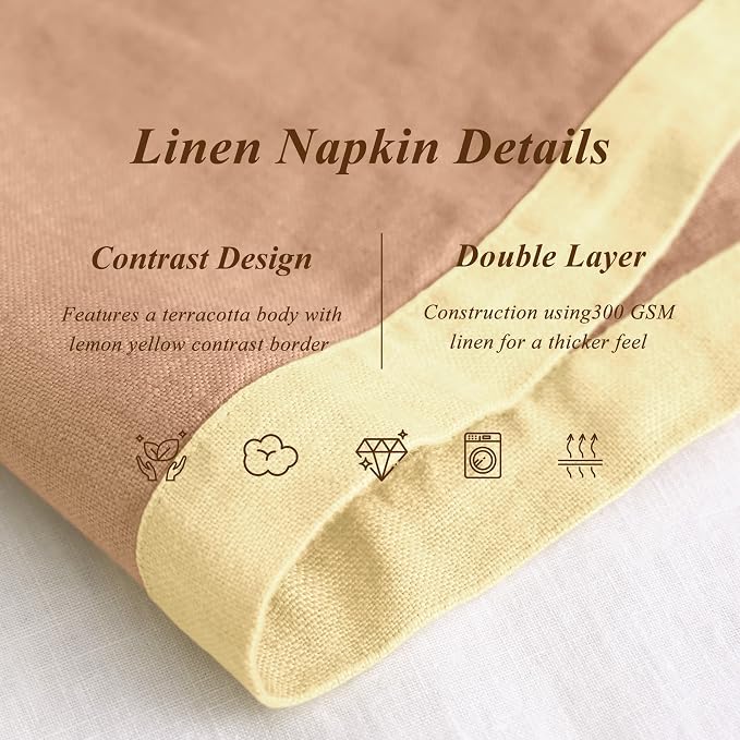 Linen World 100% French Linen Napkins Set of 4,20 x 20 Inch Double Layer Cloth Napkins,Washable Heavyweight for Holiday Dining Kitchen Decor,Lemon Yellow with Terracotta Contrast Border - Image 3