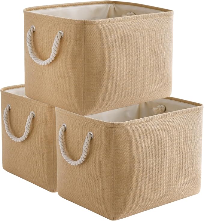 Organization and Storage Basket for Organizing - 3 Pack 16x12x12 inch Cube Fabric Storage Cubes, Storage Bin for Shelves Gift Closet Organizer Cloth Toy (Beige) by TheWarmHome