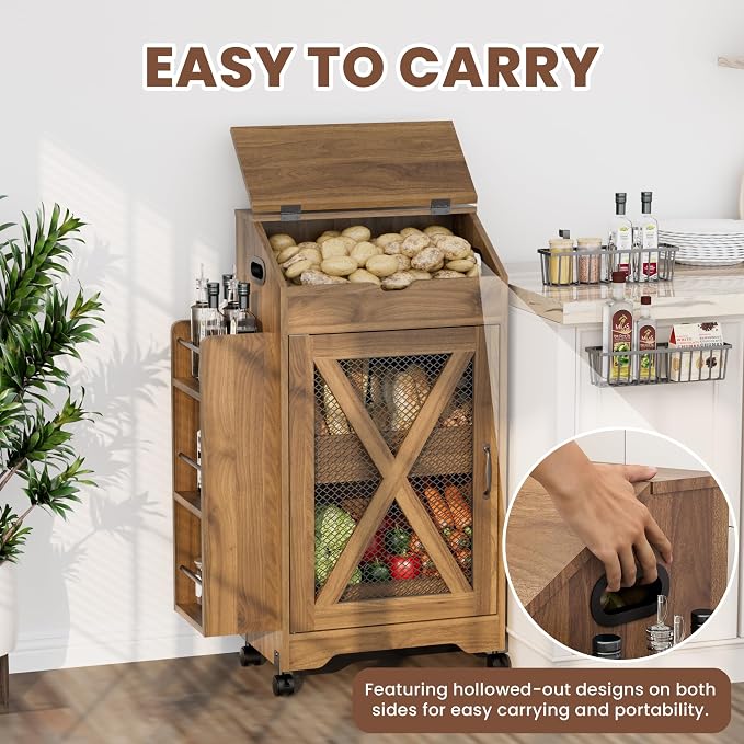 AwayHome Potato Storage Bin, Large Wood Bread Box with Lid, Movable Potato and Onion Storage Bin with Side Spice Rack, Decorative Fruit and Vegetable Organizer Cabinet for Kitchen - Image 5