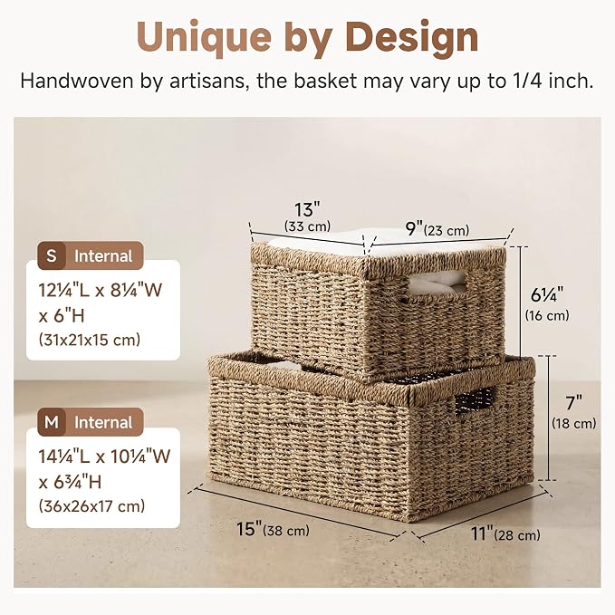 StorageWorks Wicker Storage Baskets,Natural Seagrass Storage Baskets,2-Pack | Seagrass Baskets for Storage, Seagrass Woven Storage Baskets with Built-i Handles, Decorative Woven Baskets for Storage - Image 3