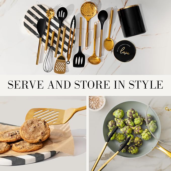 Styled Settings Black and Gold Cooking Utensils Set, 13-Piece | Kitchen Set with Black Ceramic Utensil Holder and Stackable Gold Spoon Rest - Luxury Kitchen Accessories for Stylish Cooking - Image 4