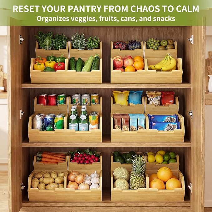 Bamboo Pantry Storage Bins Set, Potato and Onion Storage Bin for Countertop | Open Front Storage Bins, Large Capacity, Stackable Design, Cut-out Handles, FSC-certified Bamboo, No Assembly - Image 3