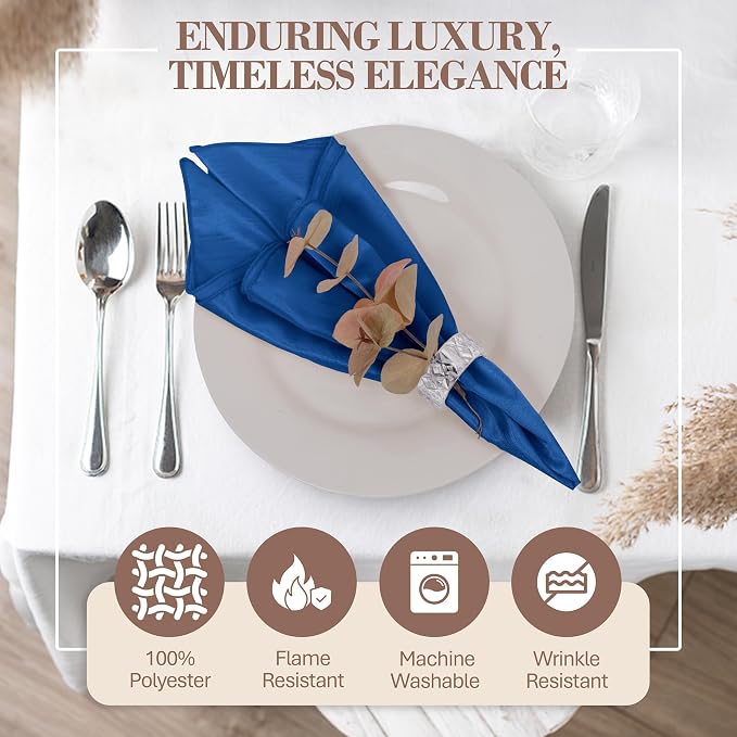 17 x 17-Inch Shantung Satin Cloth Napkins, Royal Set of 12 | Bulk Case of 1 Dozen, Square, 100% Polyester Fabric, Reversible, Faux Dupioni Silk Reverse Side, Machine Washable, Blue - Image 2