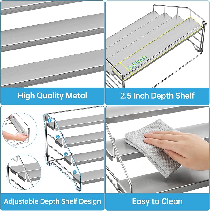 BOIVSHI Spice Organization for Cabinet, Adjustable Depth Spice Shelf | 4 Tiered Spice Rack for Cabinet, Metal Space Saving Spice Organizer for Countertop, Easy Access Spices - Chrome, 2 Pack - Image 7