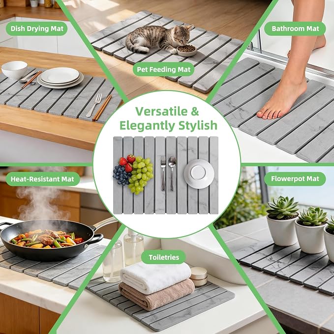 Large Stone Dish Drying Mat for Kitchen Counter, 24"×16" Foldable Quick Drying Mat, Absorbent Diatomaceous Earth Drying Mat for Bottles Cups Dishes, Match Any Countertop (Gray Marble, 24" x 16") - Image 3