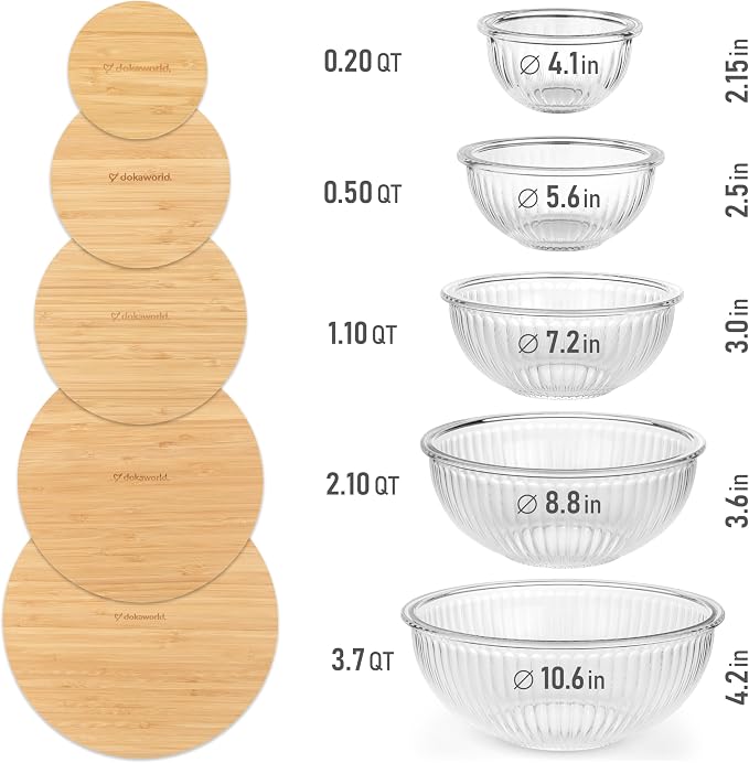 Stackable Space-Saving Set of 5 Nesting Glass Bowls with Bamboo Lids for Foodprep, Storage, Baking, Mixing & Cooking, Microwave & Oven Safe BPA Free Heat Resistant Inert Borosilicate Glass - Image 2