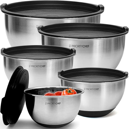 Premium Mixing Bowls With Lids Set, Airtight Lids, Thicker Stainless Steel, Non-Slip Base, 5 Nesting Steel Bowls for Kitchen, Large Prep Metal Bowl Set 1.5/2/3/4/5 Qt, Black by PriorityChef