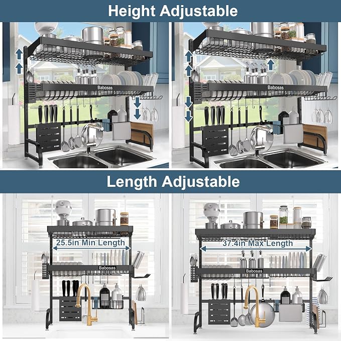 Over The Sink Dish Drying Rack,3 Tier Adjustable Length (25.5'' to 37.4'') Full Stainless Steel Large Storage Kitchen Dish Rack,for Kitchen Counter,Expandable Multifunctional Organizers,Black - Image 7