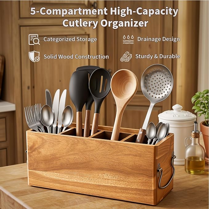 Kitchen Utensil Holder for Countertop Wooden Utensil Organizer with 5 Compartment Utensil Holder Durable Utensil Organizer Large Utensil Rack with Drain Holes Side Handles Stores Cooking Tools - Image 5
