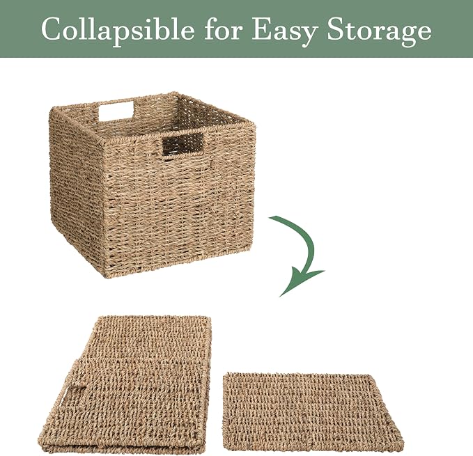 12x12x10in Seagrass Storage Baskets Set of 4, Large Wicker Storage Basket, Decorative Seagrass Shelf Basket, Pantry Baskets Organization,Folding Storage Cube Bins - Image 3