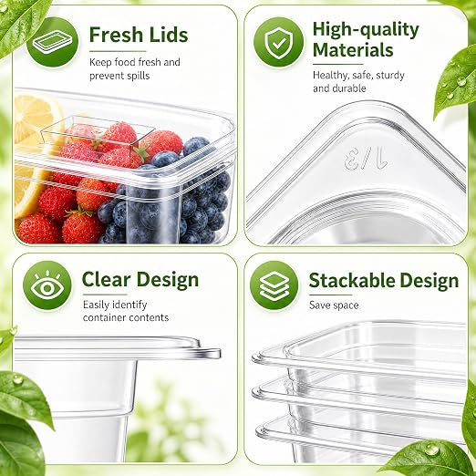 Sliner 10 Pack Plastic Clear Food Pans with Lids, Stackable and Freezer Safe Commercial Food Storage Containers for Fridge Salad Polycarbonate (6" 1/3+1/6 Set) - Image 4