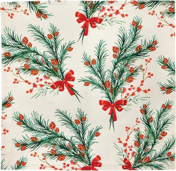 47th & Main Set of 4 100% Cotton Cloth Table Napkins for Dining, 18" Square, Festive Pine with Red Berries by 47thMain