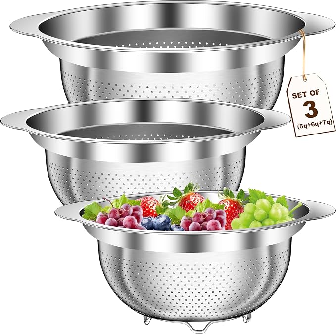 Large Strainers and Colanders, Big Stainless Steel Colanders for Kitchen, Stainless Steel Strainer Set of 3 (7 QT, 6 QT, 5 QT) for Draing Pasta Spaghetti Fruit Vegetable by STOCKPOT