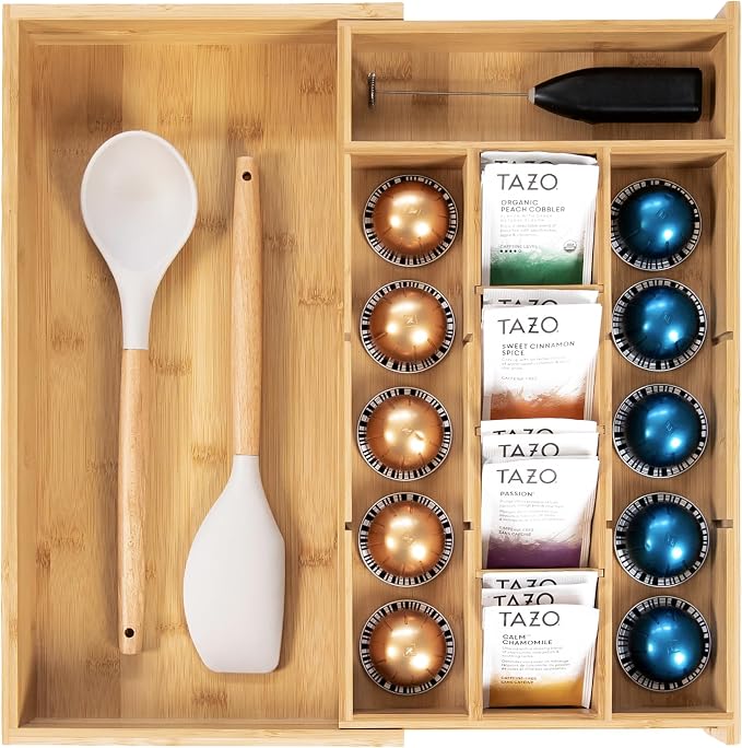 Tea Bag & Coffee Pod Organizer, 9.7-17 in, Bamboo | 10 storage compartments, adjustable wall inserts, non-slip feet, food-safe by KitchenEdge