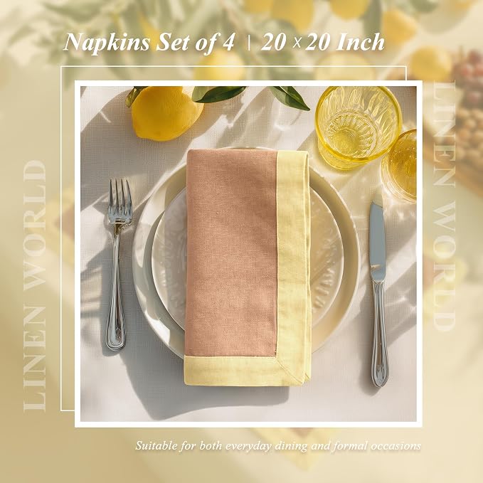 Linen World 100% French Linen Napkins Set of 4,20 x 20 Inch Double Layer Cloth Napkins,Washable Heavyweight for Holiday Dining Kitchen Decor,Lemon Yellow with Terracotta Contrast Border - Image 5