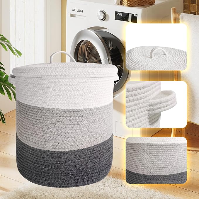 Large Storage Basket with Lid 60L, 16"Wx18"H Woven Laundry Basket with Lid Cotton Laundry Basket, Wicker Basket Blankets Pillows Storage in Living Room Baby Nursery, Dark Gray/Gray/White Mix with Lid - Image 6
