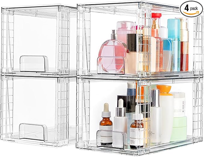 Vtopmart 4 Pack Large Stackable Storage Drawers, Clear | Easily Assemble Bathroom Closet Undersink Organizers and Storage Kitchen Cabinets,Pantry,Makeup,Medicine Organization by Vtopmart
