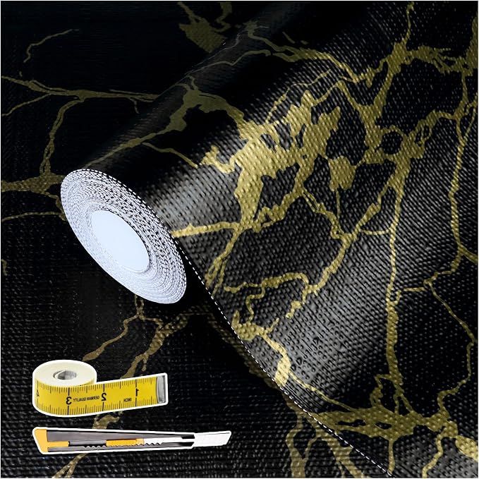2-Layer Drawer and Shelf Liner for Kitchen Cabinet: 12in X 20Ft Non Slip | Waterproof Shelf Paper Non Adhesive Refrigerator Liners Black/Gold Marble Easy Liners for Bathroom with Knife Tape Measure by Kimhan