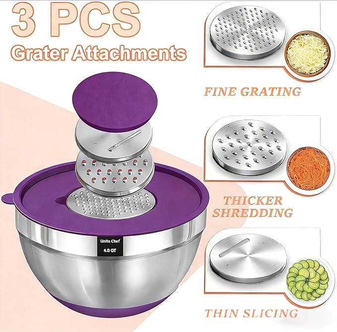 Umite Chef Thickened Heavy-Duty 26pcs Stainless Steel Bowl, Mixing Bowl Set with Lid, Grater Attachment, Colorful Non-Slip Bottom and Kitchen Gadget Set, Sizes 7, 4, 2.5, 2.0, 1.5, 1QT - Image 7