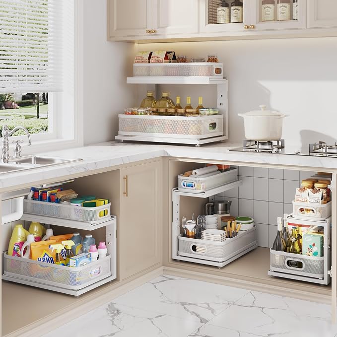 2 Pack 18.5IN-Depth Under Sink Organizer With Next-Gen Ball-Bearing Slides,2-Tier Precision Mesh Pull Out Cabinet Storage for Bathroom&Kitchen,Height Adjustable Drawers Shelf,Anti-rust-White - Image 8