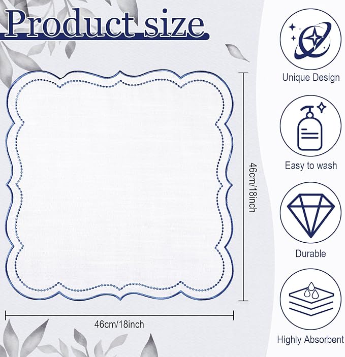 Hahafelt 6 Set Cloth Napkins 18x18inches Scalloped Embroidery Cloth Napkins Washable Polyester Table Dinner for Hotel Restaurant Weddings Events Parties (Navy Blue) - Image 2