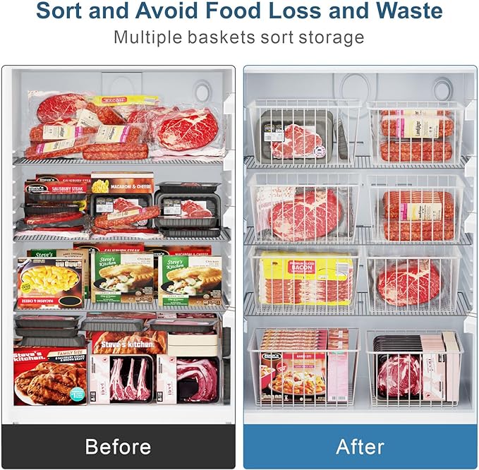 Freezer Organizer Bins - For 16/17/21 Cu Ft Upright Freezer, 4 Pack | Wire Baskets 2 Large & 2 Medium Sizes, Slide-Out for Easy Access, Prevent Food Falling Out, Keep Stand-Up Freezer Tidy, White - Image 2