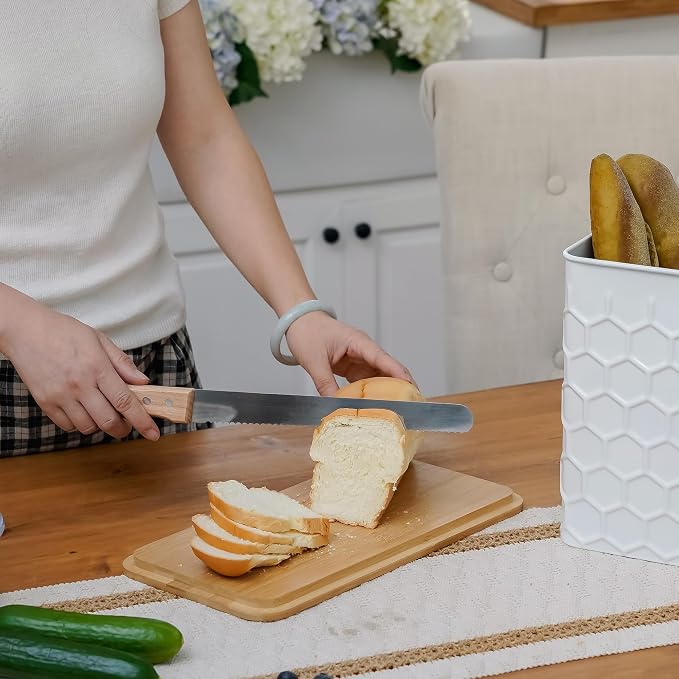 Extra Large Honeycomb Embossed Bread Box with Bamboo Lid | Corner Breadbox for Homemade Bread, White Metal Bread Storage Container Bin for Kitchen Countertop, Fits 2 Loaves of Bread - Image 5