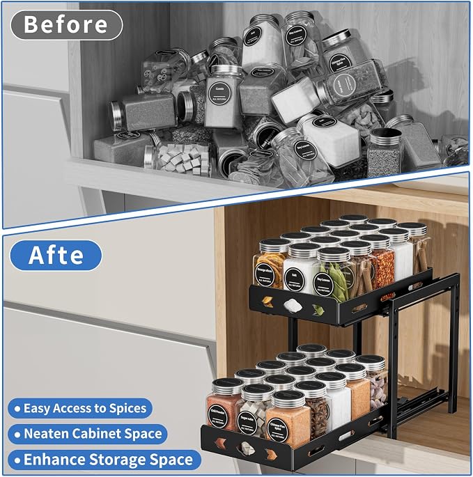BOIVSHI Spice Rack Organizer for Cabinet, 7.5''Wx10.8''Dx9.2''H | 2 Tier Pull Out Spice Racks for Inside Cabinets, Height-adjustable Metal Spice Rack Maximizes Cabinet Space - Image 5