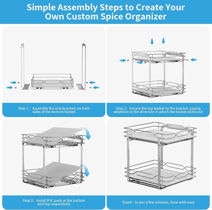 BOIVSHI Pull Out Spice Rack, 9.25" W x 10.39" D x 9.76" H | 2 Tier, Space-Saving, Spice Organization for Cabinet, Heavy Duty Metal Spice Organizer for Cabinet, Pantry, Kitchen - Image 9