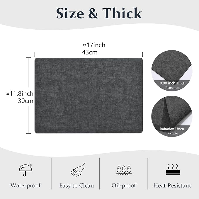 FROMHEART Faux Leather PU Placemats Set of 4 (Dark Grey,11.8" x 17") | Waterproof,Heat/Oil Stain-Resistant Table Mat–Reversible,Non-Slip,Easy to Clean Place Mats for Kitchen,Dining,Indoor/Outdoor - Image 3