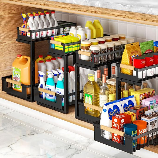 4 Pack L-Shape Under Sink Organizer, 2 Tier Pull Out Cabinet Organizer with 5-Level Adjustable Height, Double Sliding Metal Storage Rack for Kitchen Bathroom Pantry, Black by GUUKAR