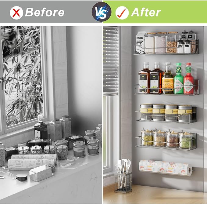 Magnetic Spice Rack for Refrigerator, 6 Pack Strong Magnet Spice Organizer with Paper Towel Holder, Utensil Holder, Moveable Magnetic Fridge Shelf for Kitchen Organization and Storage (Grey) - Image 7