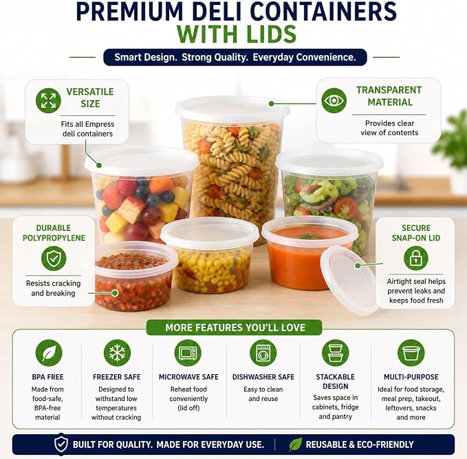 32 Oz Deli Containers with Airtight Lids | Heavy Duty BPA Free Food Storage Cups for Soup Meal Prep Slime Leftovers | Microwave Freezer Safe Reusable Round Containers | 192 Pack - Image 7