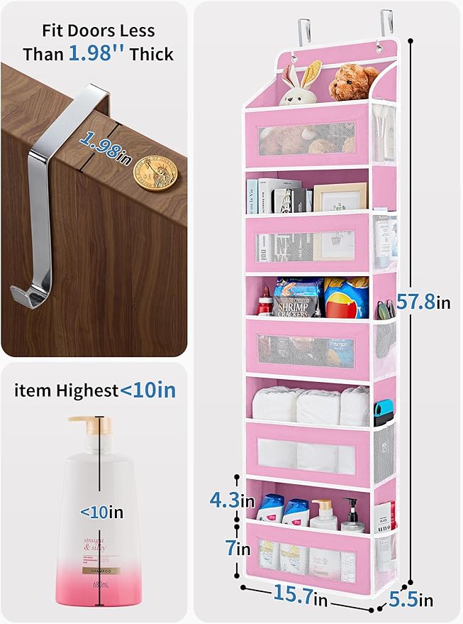 JARLINK Over the Door Organizer for Pantry, Bathroom, 5 Shelf Pink, 2 Pack | Anti-Tilt Design, 44 lb Load Capacity, Hanging Door Organizer with 5 Large Capacity Pockets, Behind Door Storage for Nursery - Image 2