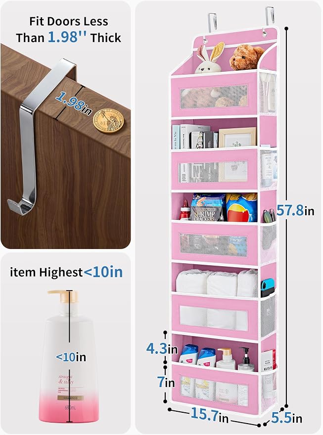 JARLINK Over the Door Organizer for Bedroom, Pantry, Bathroom, 5 Shelf Pink | Anti-Tilt Design, 44 lb Load Capacity, Hanging Door Organizer with 5 Large Capacity Pockets, Behind Door Storage for Nursery - Image 2