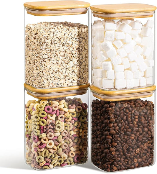 ComSaf Glass Storage Containers wtih Lids 1.2 Qt, Set of 4 Food Storage Jar | Glass Pantry Storage Containers, Rectangle Kitchen Canisters, Bamboo Lid with Silicone Seal, Cereal, Flour, 37oz, BPA Free by ComSaf