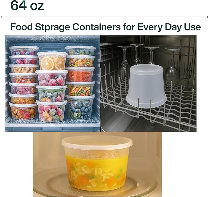 64oz [8 set] Heavy Duty Plastic Deli Container | BPA-Free Food Storage with Airtight Leak‑Proof Lids | Microwave, Freezer & Dishwasher Safe – Stackable, Bulk Reusable Soup & Meal Prep Tub - Image 4