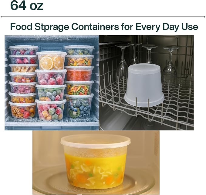 64oz [120 set] Heavy Duty Plastic Deli Container | BPA-Free Food Storage with Airtight Leak‑Proof Lids | Microwave, Freezer & Dishwasher Safe – Stackable, Bulk Reusable Soup & Meal Prep Tub - Image 4