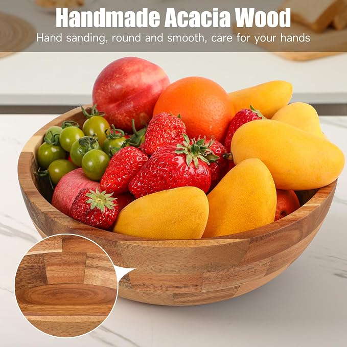JOYMAY Salad Bowls Wood Salad Bowl Set with Lid 11.8 Inch Large Wooden Bowls Set Acacia Wood Serving-Bowl with Serving Utensils Bowl for Kitchen, Dining, Party - Image 2