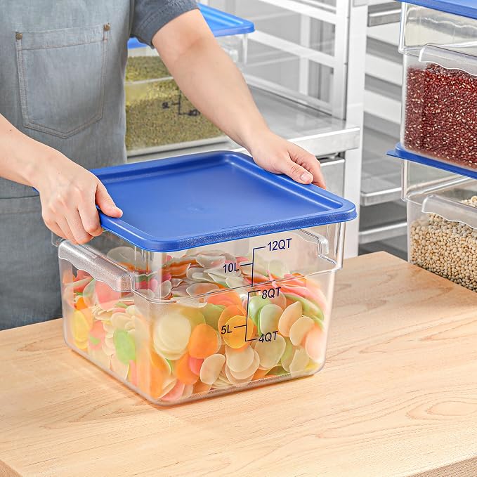 8 Pcs 12 QT Food Storage Container with Blue Lids, Handle BPA-Free Polycarbonate Hot Cold Resistant Large Square Commercial Container Set Scarle Dishwasher Freezer Safe Pantry Storage Kitchen - Image 3