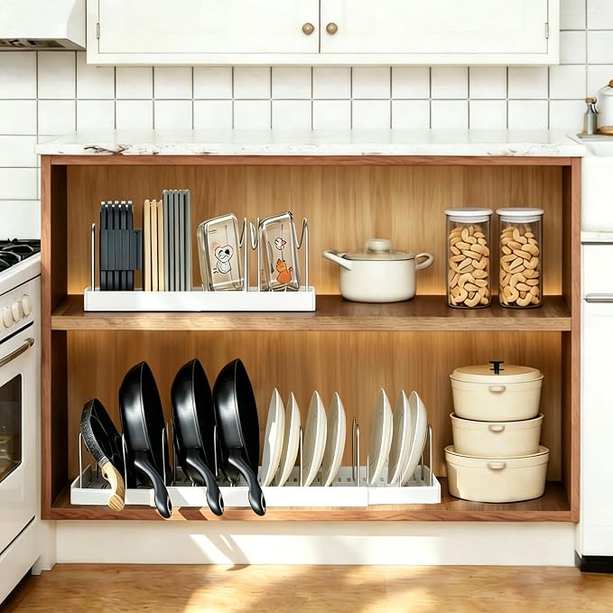 2 Pack Expandable Pots and Pans Organizer under Cabinet, Adjustable Pot Lid Organizer Rack with 9 Stainless Steel Dividers, Food Container Lid Holder for Kitchen Countertop Storage (White) - Image 6