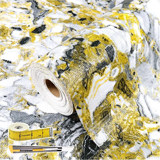Drawer and Shelf Liner - Yellow Black Marble Pattern,Non Adhesive | Non Slip Waterproof Easy-Clean Liner for Kitchen Cabinet, Refrigerator, Bathroom, Pantry Storage Drawers, 17 in x 30 Ft by Kimhan